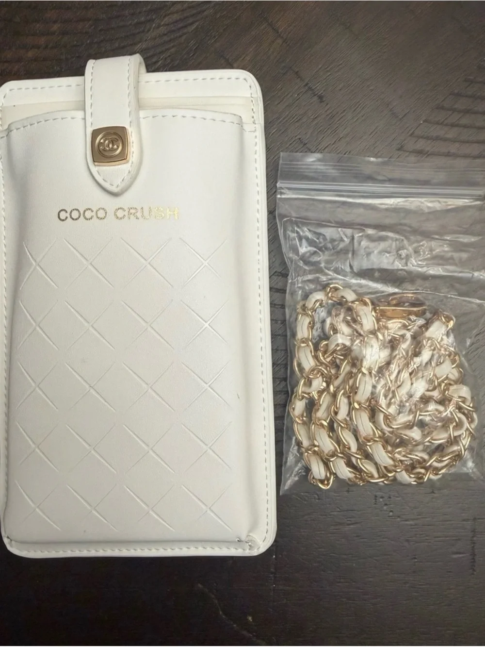 CHANEL White Quilted Phone Wallet with Gold Chain
